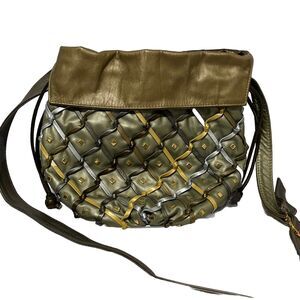 Atalla Handbags Leather Scrunch Top Cross Hatch Studded Crossbody Purse Metallic